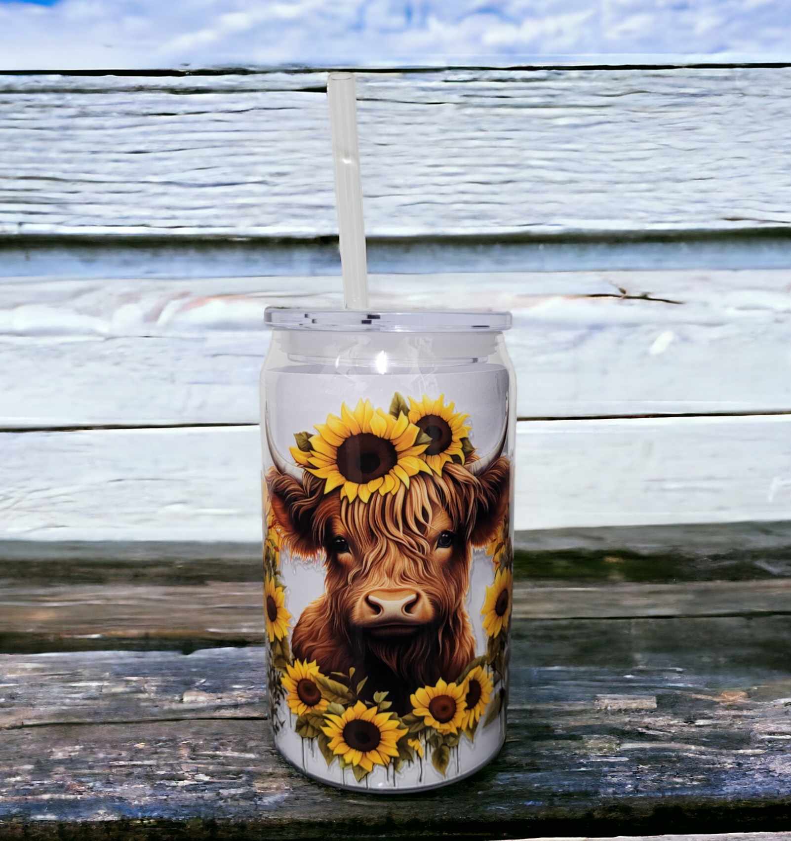 Sunflower Highland Cow Clear Acrylic Libby Can Cup / For Cold Drinks